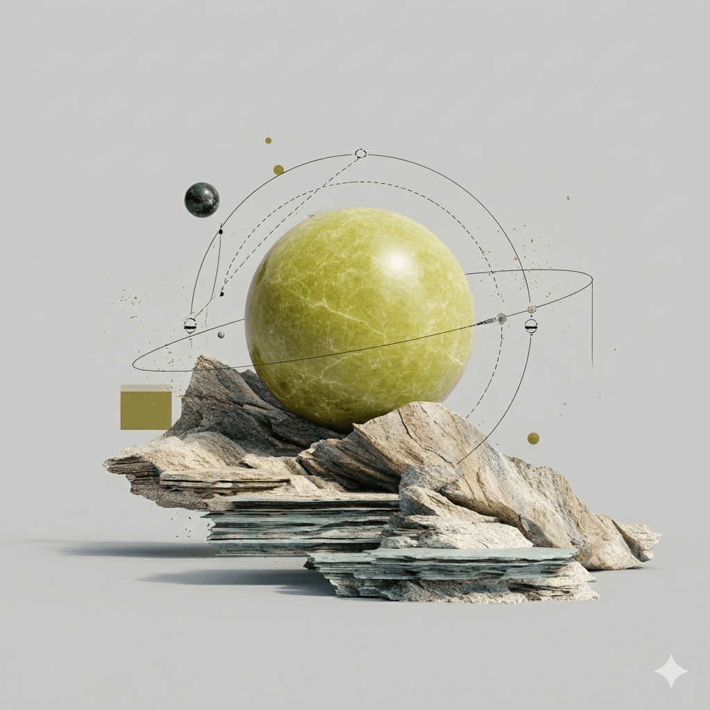 Planetary artwork with a yellow sphere above layered stone