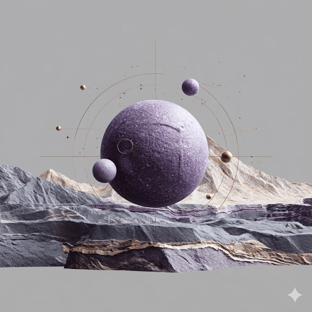 Purple and gold celestial sphere above a mountain landscape