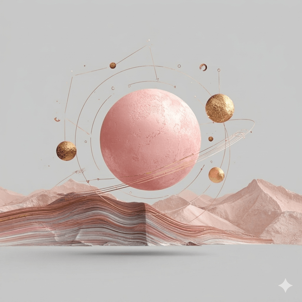 Pink and blue celestial sphere above layered mountains