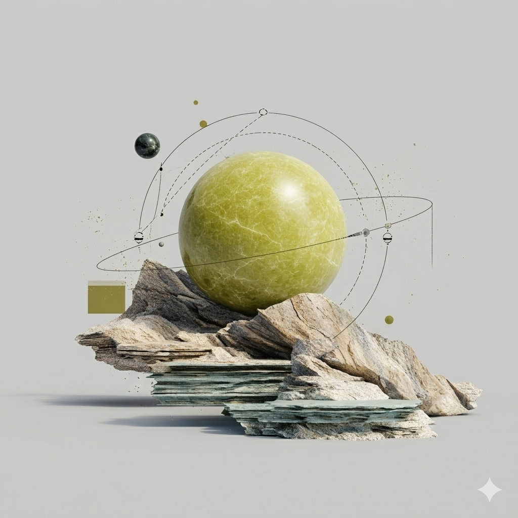 Planetary artwork with a yellow sphere above layered stone