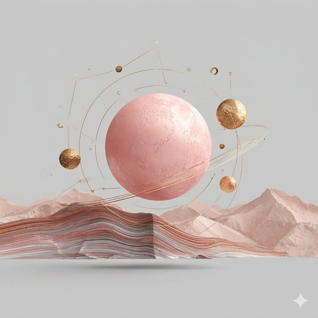 Pink and blue celestial sphere above layered mountains