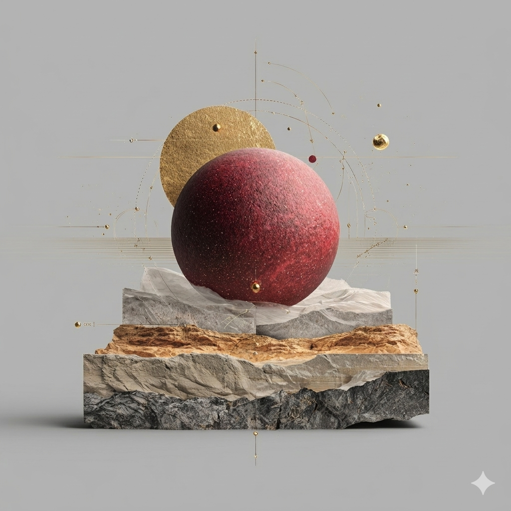 Layered planetary artwork with a rose sphere and golden disc