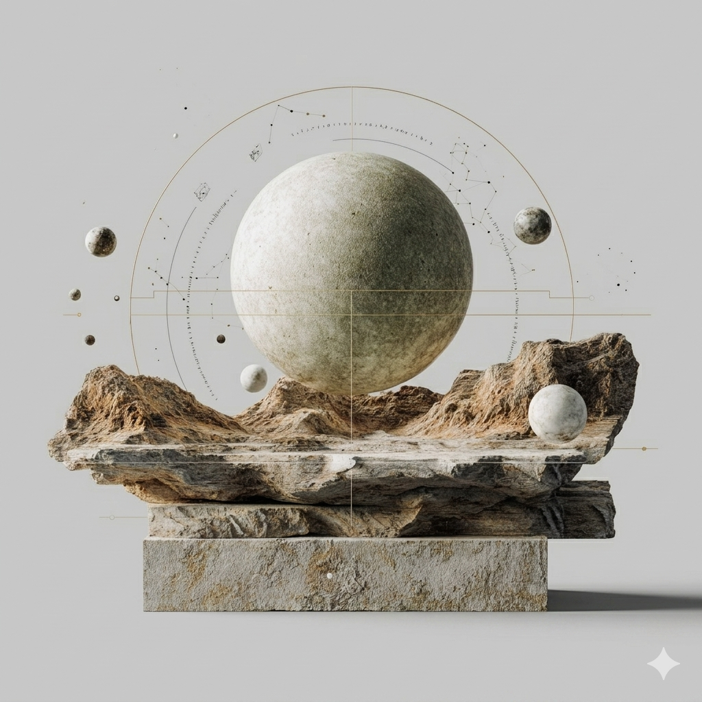 White celestial sphere over a rocky landscape